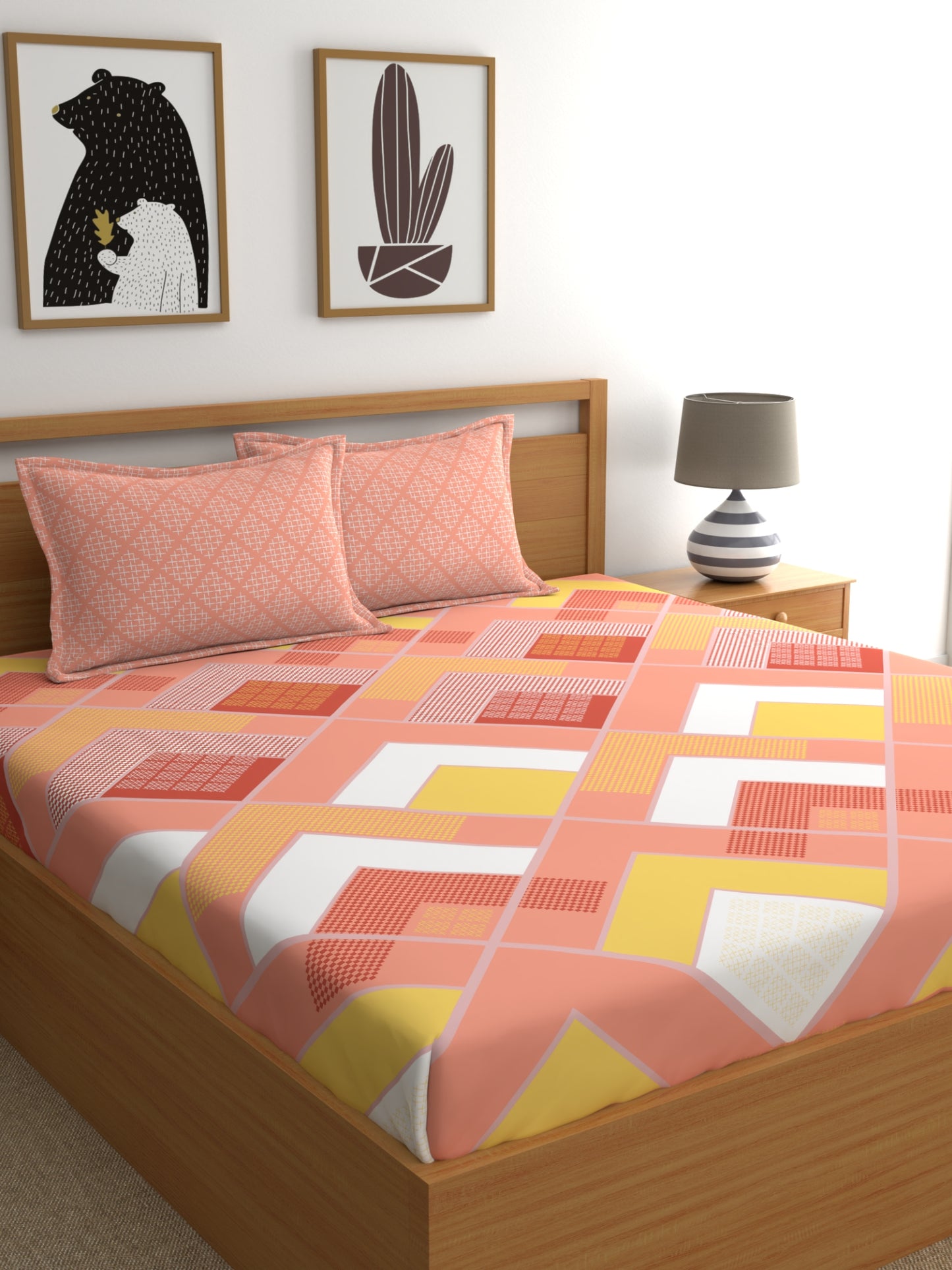 Home Ecstasy 100% Cotton Geometric Bedsheet Set | 140 TC | Peach