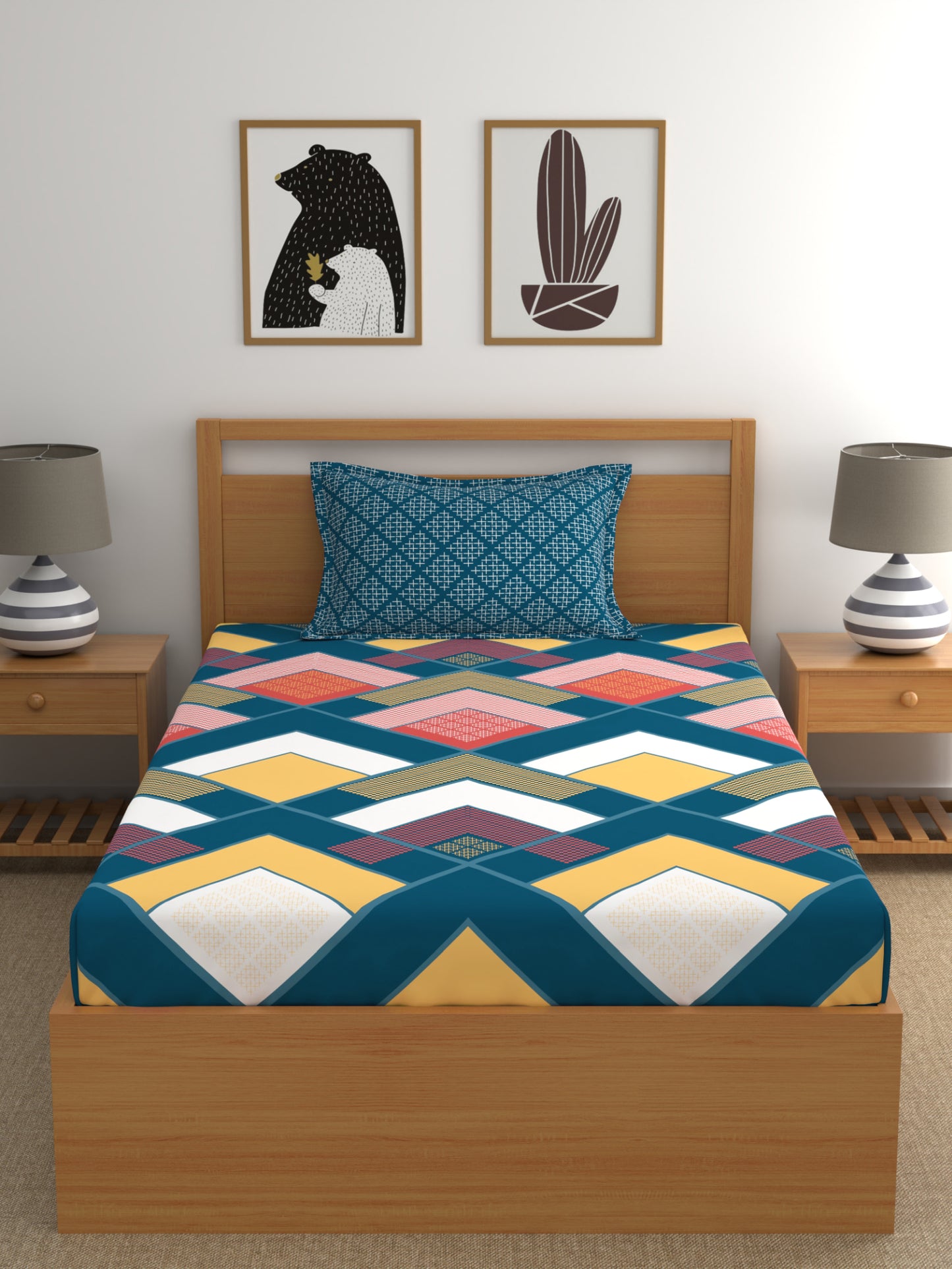 Home Ecstasy 100% Cotton Geometric Bedsheet Set | 140 TC | Navy Blue