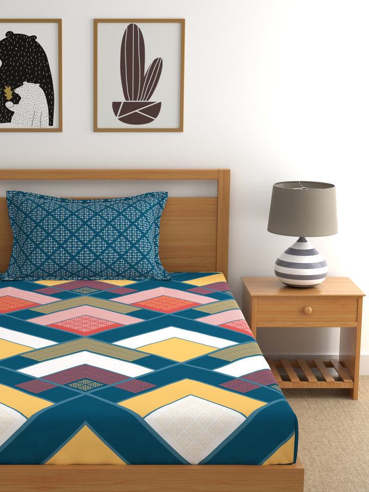 Home Ecstasy 100% Cotton Geometric Bedsheet Set | 140 TC | Navy Blue
