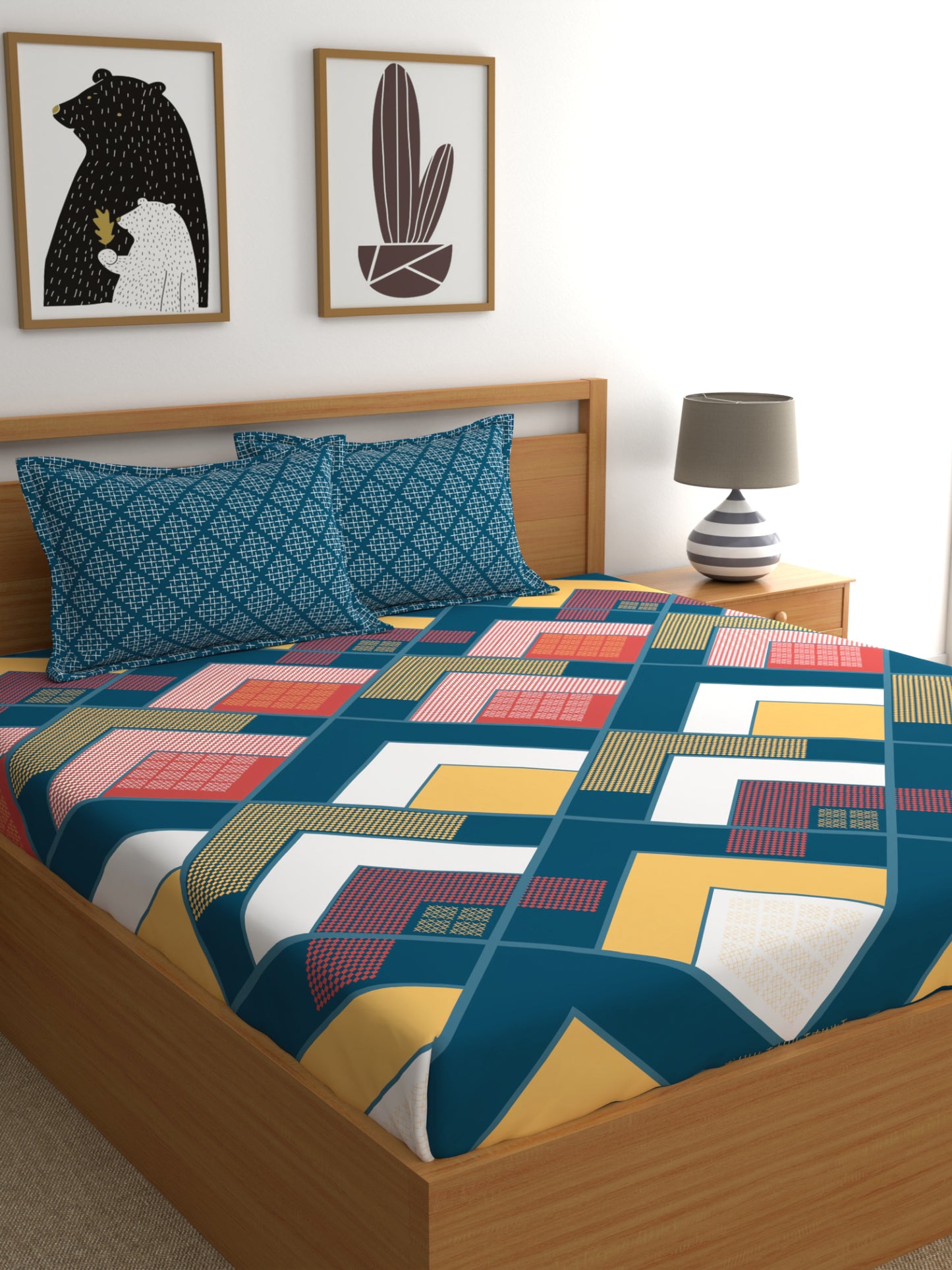 Home Ecstasy 100% Cotton Geometric Bedsheet Set | 140 TC | Navy Blue
