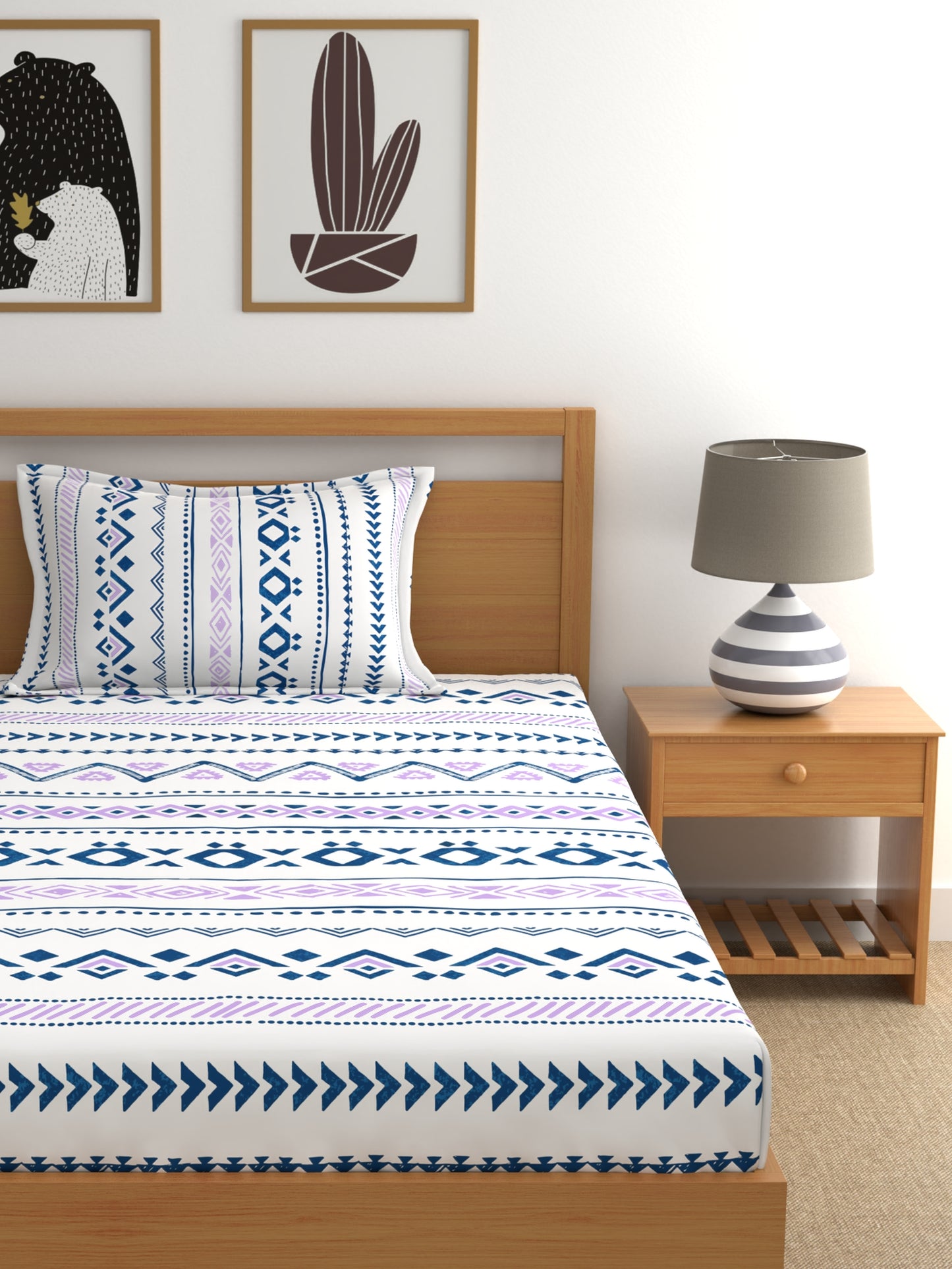 Home Ecstasy 100% Cotton Geometric Bedsheet Set | 140 TC | Purple