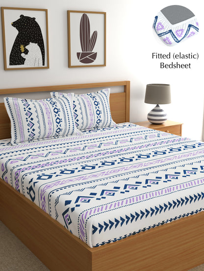 Home Ecstasy 100% Cotton 140 TC Geometric Bedsheet Set - Colour: Purple