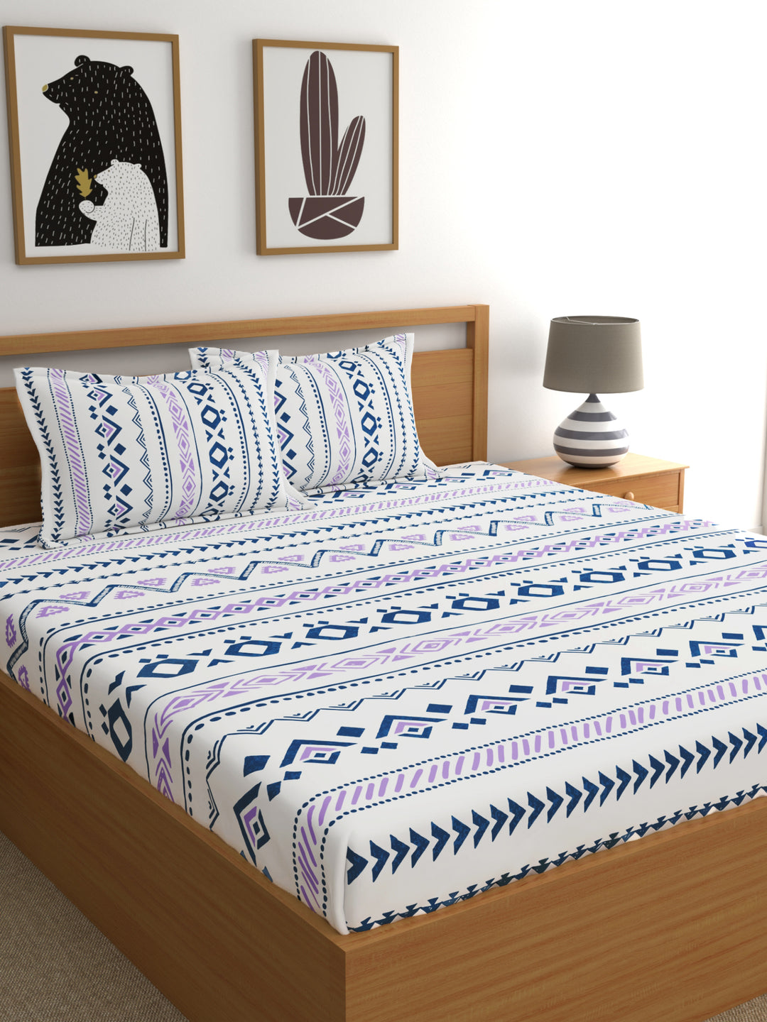 Home Ecstasy 100% Cotton Geometric Bedsheet Set | 140 TC | Purple