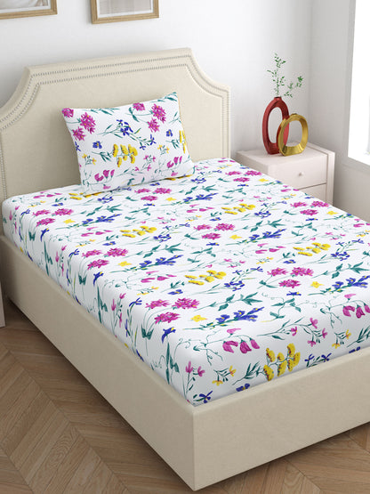 Home Ecstasy 100% Cotton Bedsheets, Floral | 140 TC | Pearl White