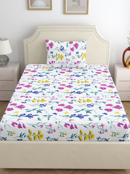Home Ecstasy 100% Cotton Bedsheets, Floral | 140 TC | Pearl White