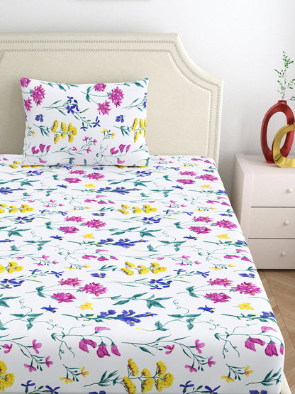 Home Ecstasy 100% Cotton Bedsheets, Floral | 140 TC | Pearl White