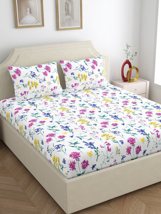 Home Ecstasy 100% Cotton Bedsheets, Floral | 140 TC | Pearl White
