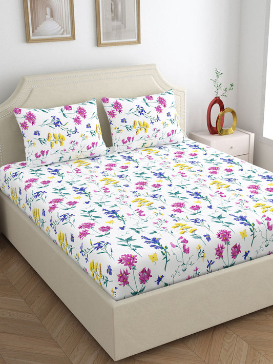 Home Ecstasy 100% Cotton 140 TC Floral Bedsheet Set - Colour: White