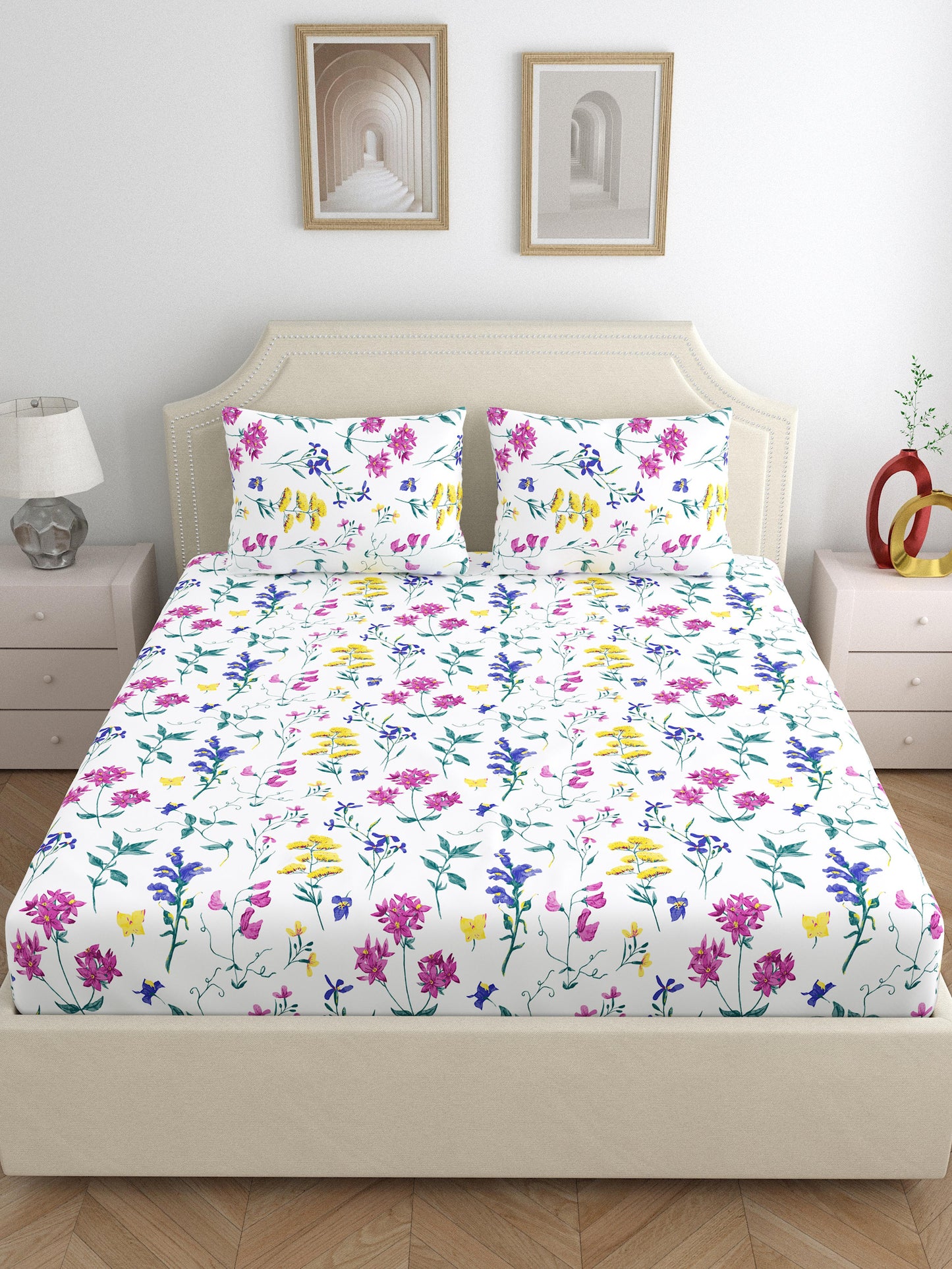 Home Ecstasy 100% Cotton Bedsheets, Floral | 140 TC | Pearl White