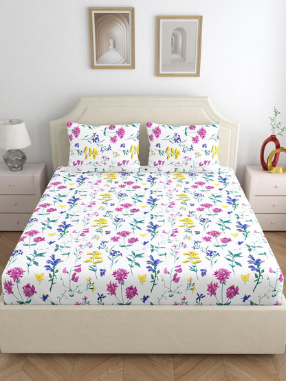 Home Ecstasy 100% Cotton Bedsheets, Floral | 140 TC | Pearl White