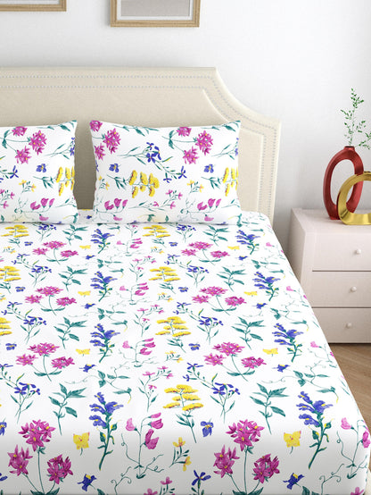 Home Ecstasy 100% Cotton Bedsheets, Floral | 140 TC | Pearl White