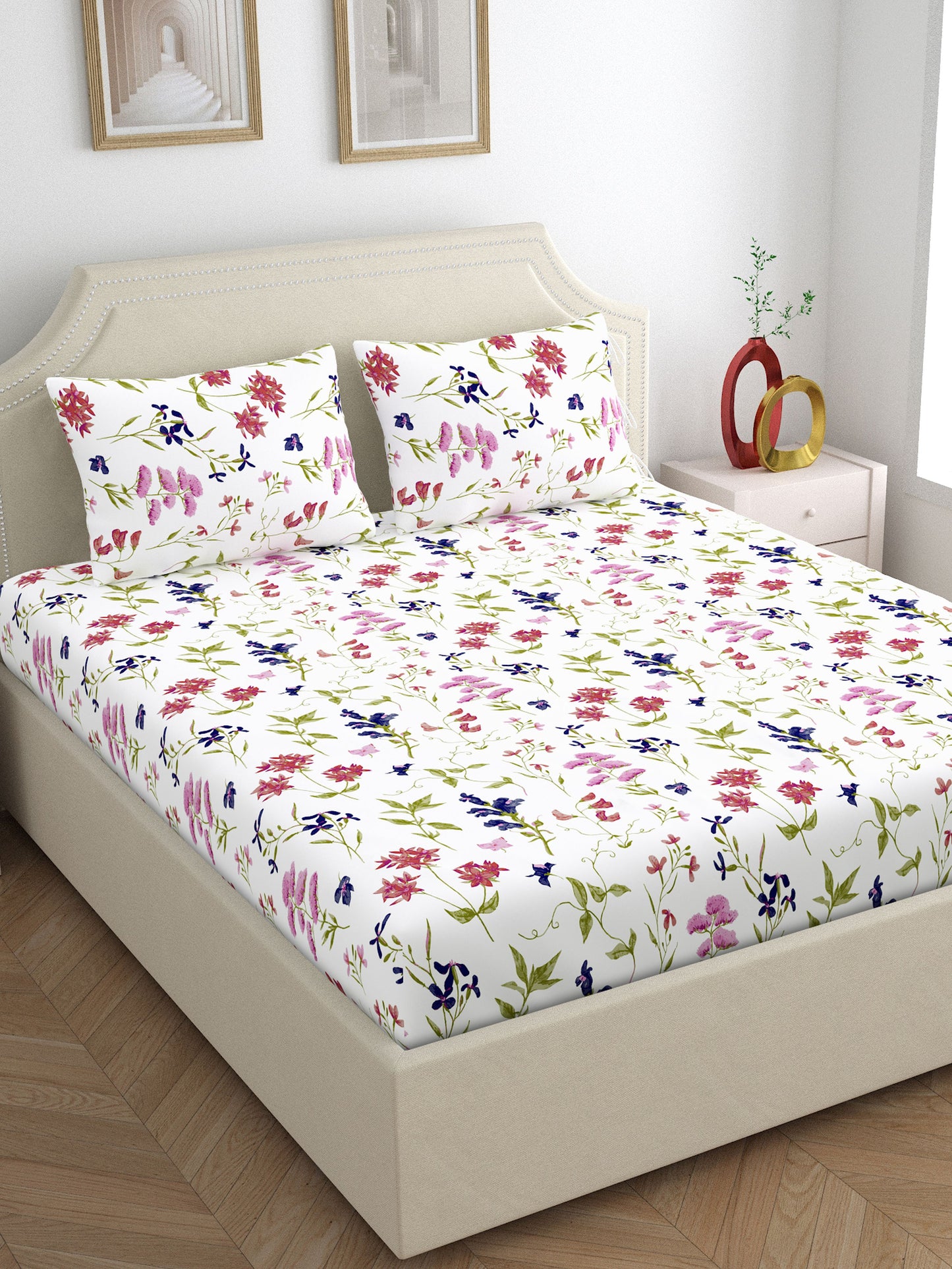 Home Ecstasy 100% Cotton Bedsheets, Floral | 140 TC | White