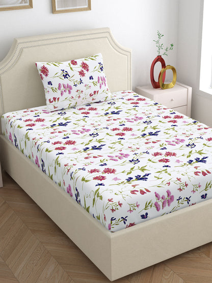 Home Ecstasy 100% Cotton Bedsheets, Floral | 140 TC | White