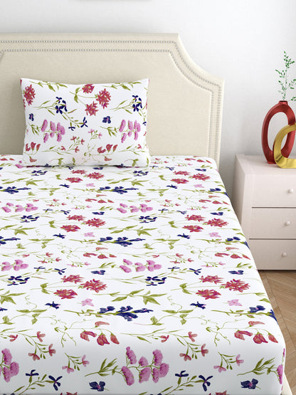 Home Ecstasy 100% Cotton Bedsheets, Floral | 140 TC | White