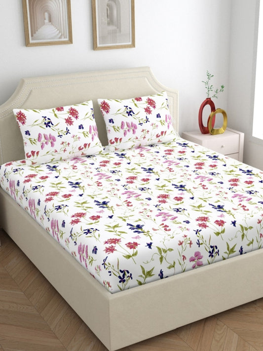 Home Ecstasy 100% Cotton Bedsheets, Floral | 140 TC | White
