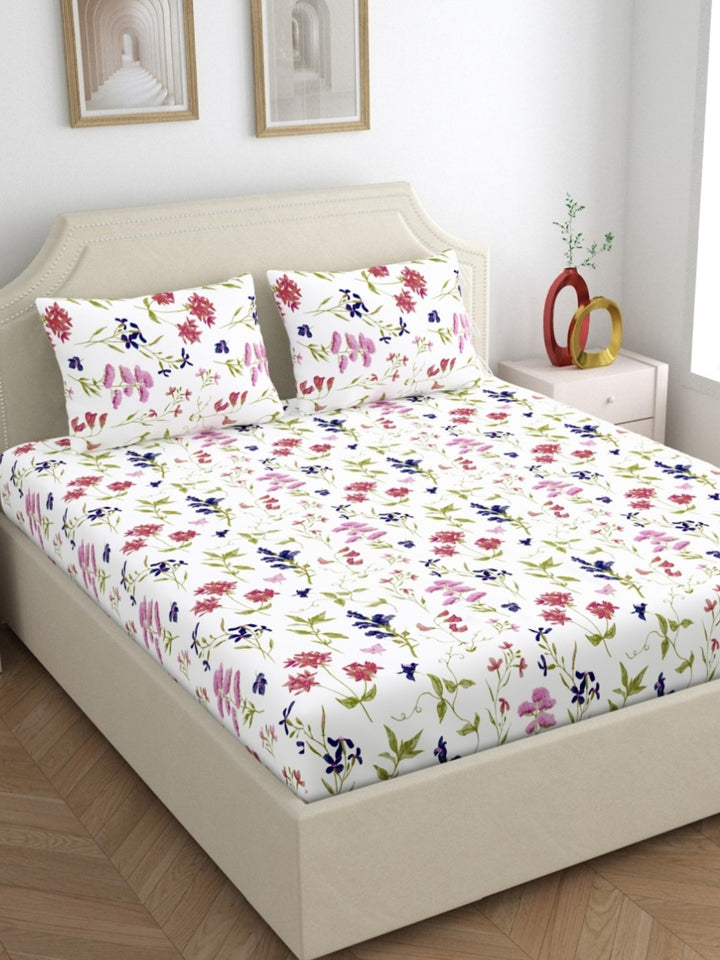 Home Ecstasy 100% Cotton Bedsheets, Floral | 140 TC | White