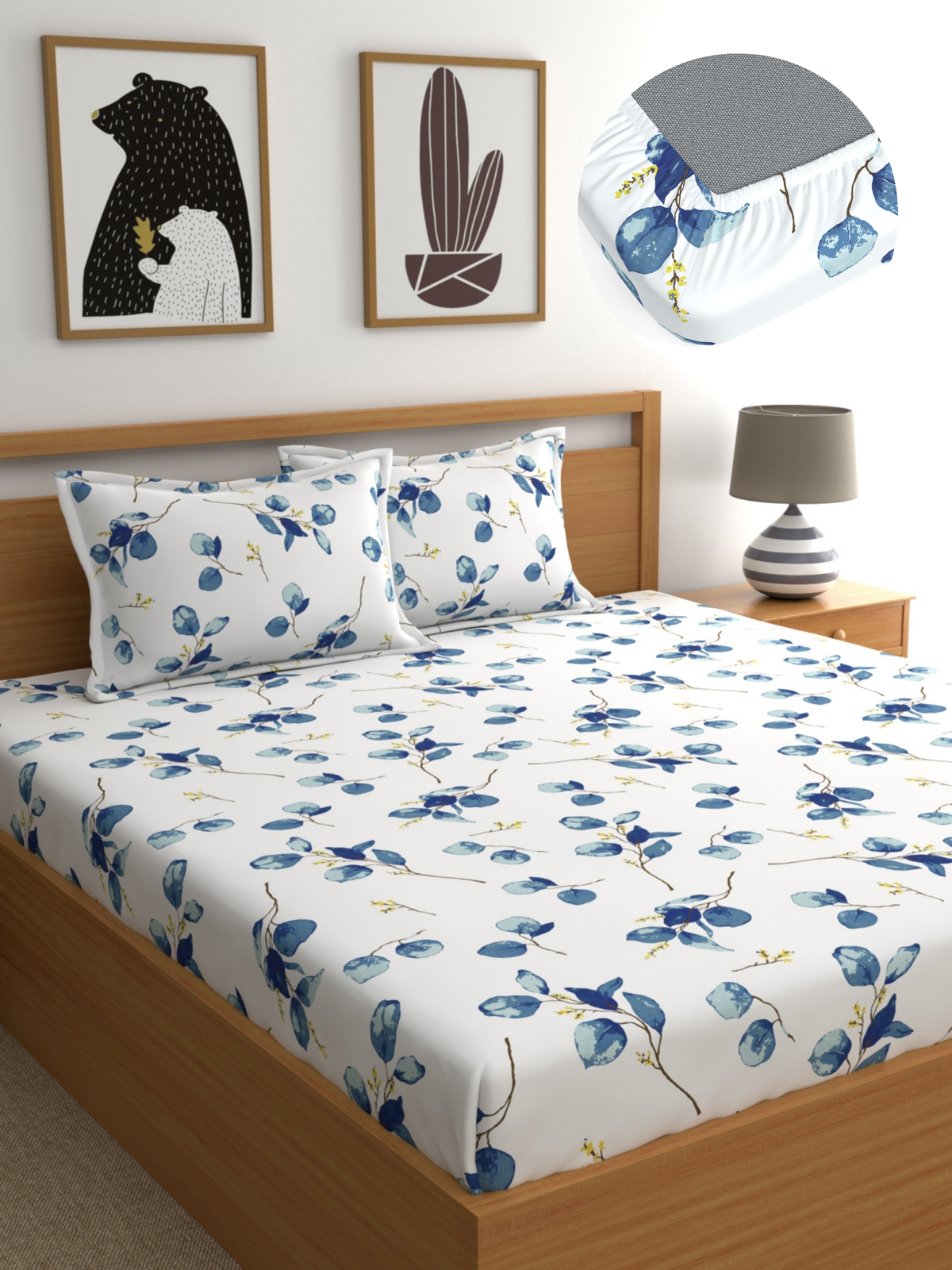 Home Ecstasy 100% Cotton 140 TC Floral Bedsheet Set - Colour: Blue