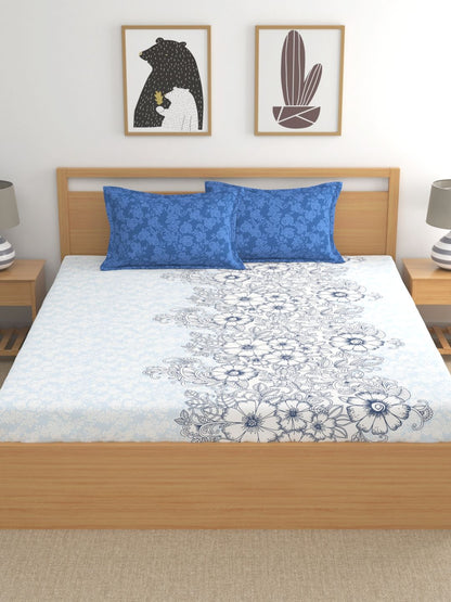 Home Ecstasy 100% Cotton Floral Bedsheet Set | 140 TC | Blue