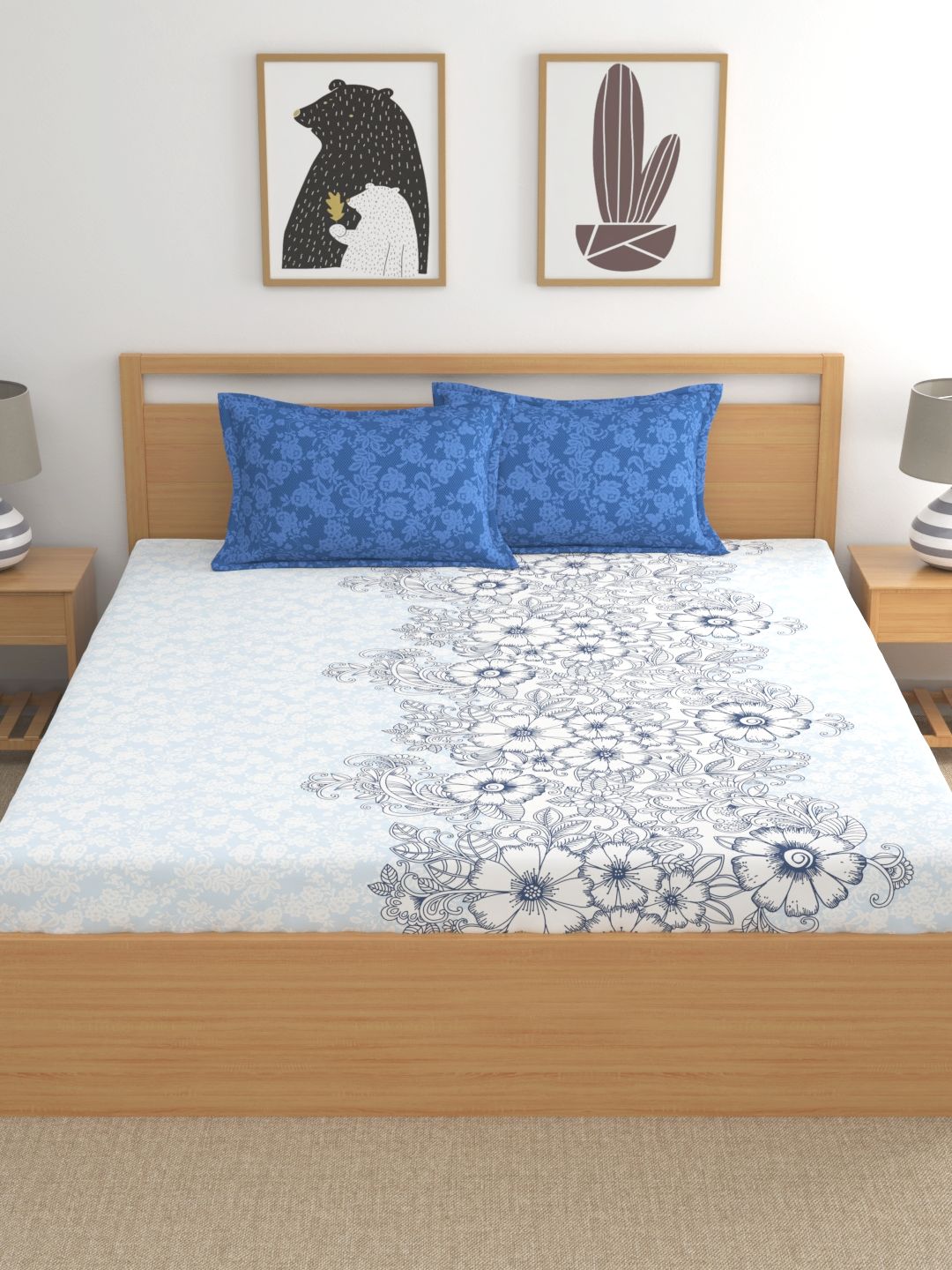 Home Ecstasy 100% Cotton Floral Bedsheet Set | 140 TC | Blue