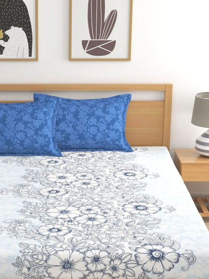 Home Ecstasy 100% Cotton Floral Bedsheet Set | 140 TC | Blue