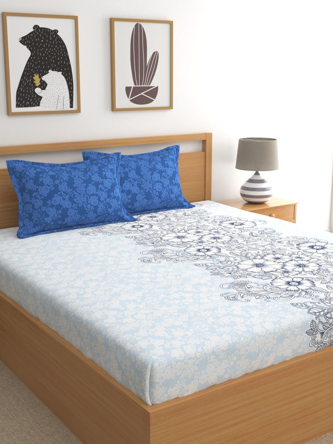 Home Ecstasy 100% Cotton Floral Bedsheet Set | 140 TC | Blue