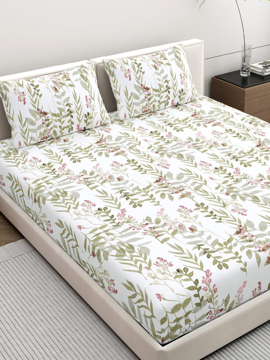 Home Ecstasy 100% Cotton 140 TC Floral Bedsheet Set - Colour: Olive