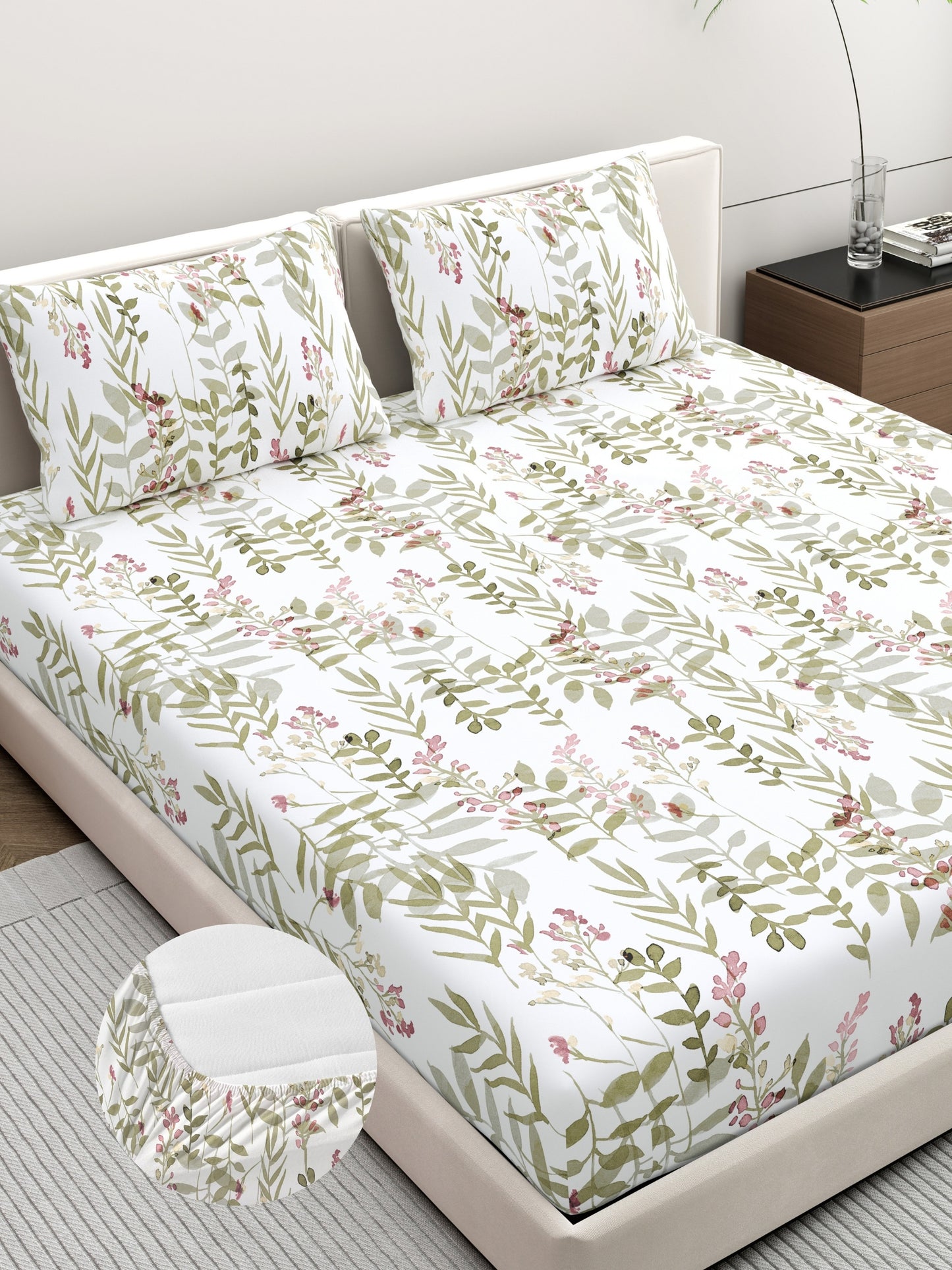 Home Ecstasy 100% Cotton 140 TC Floral Bedsheet Set - Colour: Olive