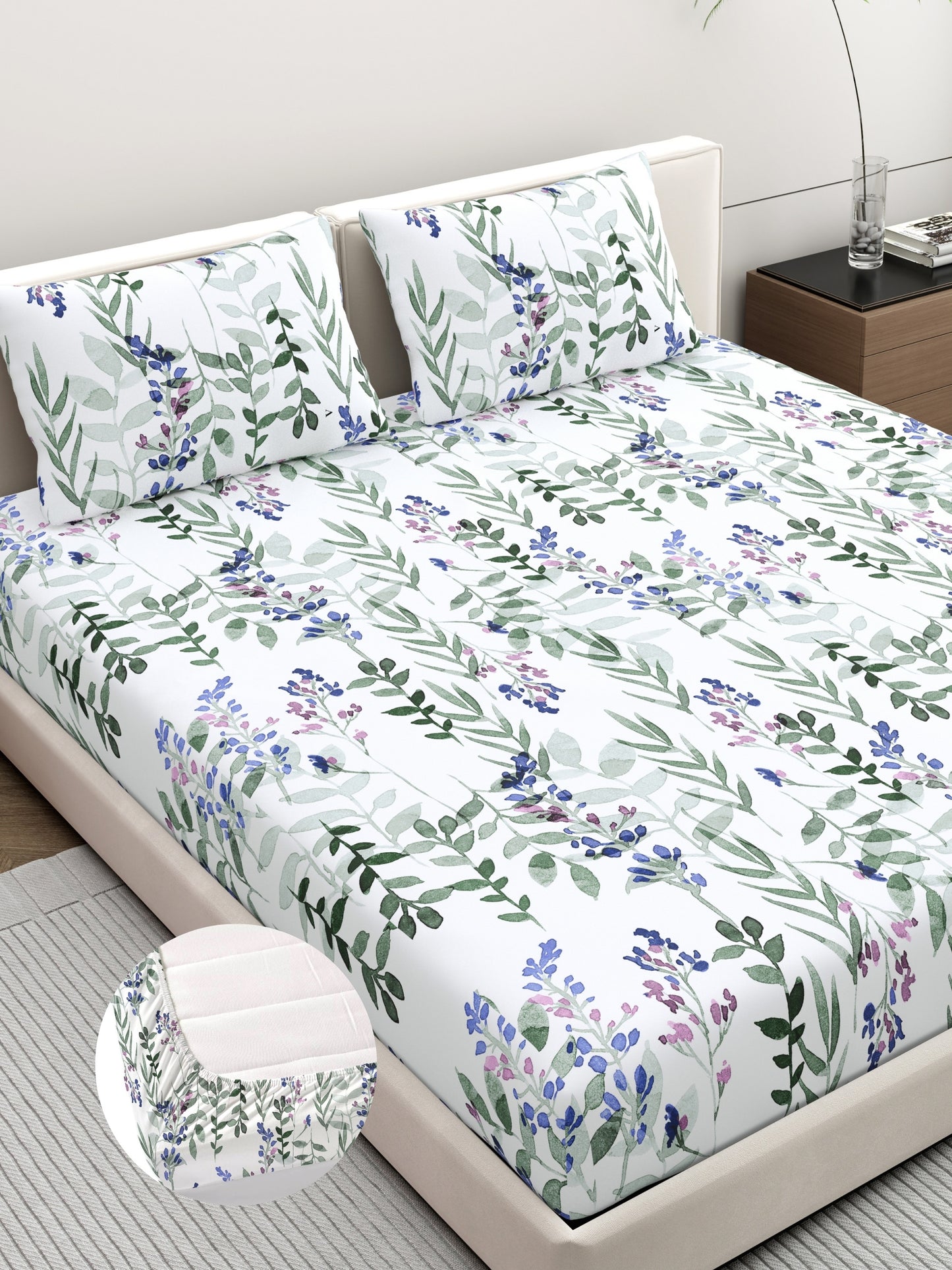 Home Ecstasy 100% Cotton 140 TC Floral Bedsheet Set - Colour: Blue
