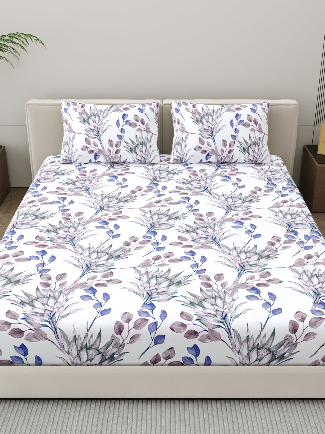 Home Ecstasy 100% Cotton Floral Bedsheet Set | 140 TC | Purple