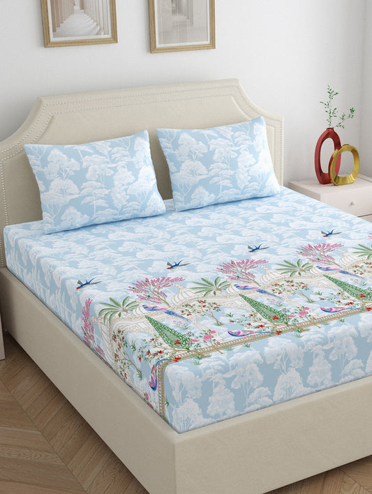 Home Ecstasy 100% Cotton 140 TC Ethnic Bedsheet Set - Colour: Light Blue
