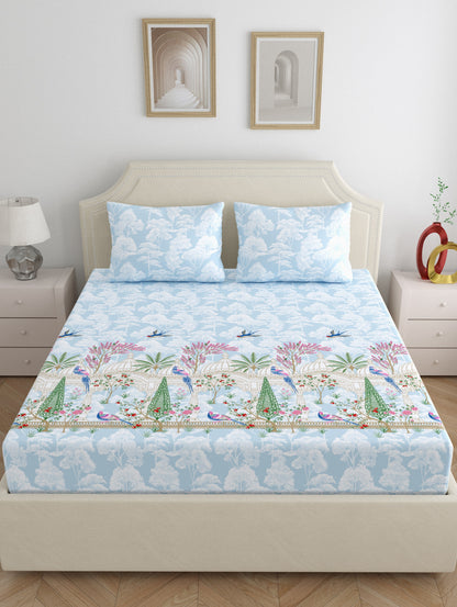 Home Ecstasy 100% Cotton 140 TC Ethnic Bedsheet Set - Colour: Light Blue