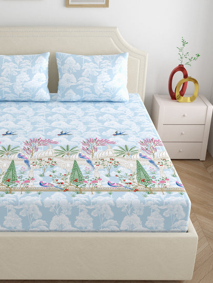 Home Ecstasy 100% Cotton 140 TC Ethnic Bedsheet Set - Colour: Light Blue