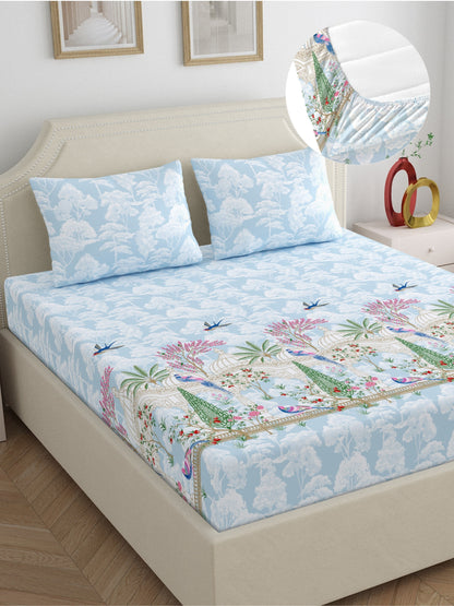 Home Ecstasy 100% Cotton 140 TC Ethnic Bedsheet Set - Colour: Light Blue