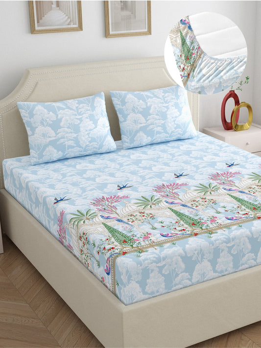 Home Ecstasy 100% Cotton 140 TC Ethnic Bedsheet Set - Colour: Light Blue