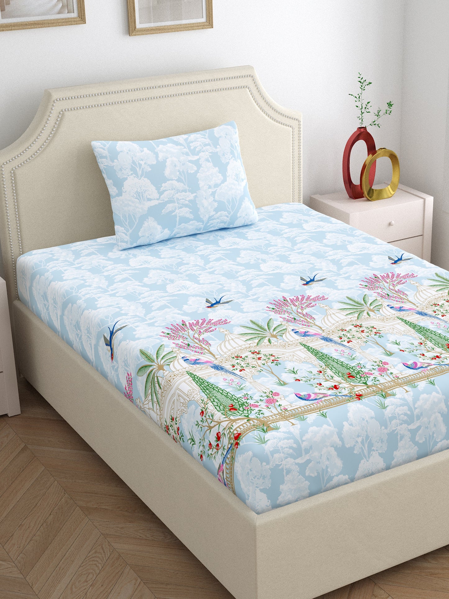 Home Ecstasy 100% Cotton 140 TC Ethnic Bedsheet Set - Colour: Light Blue