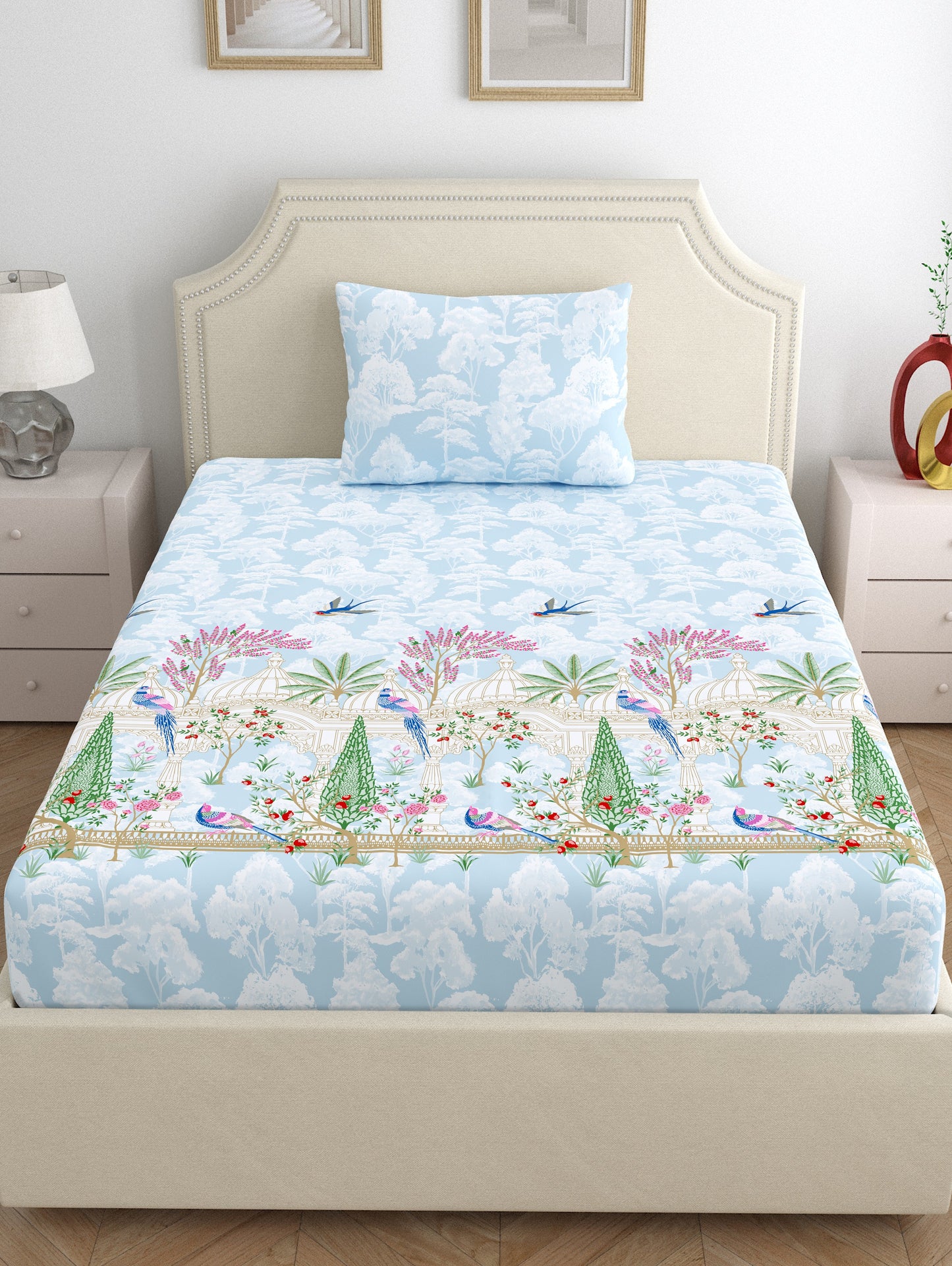 Home Ecstasy 100% Cotton 140 TC Ethnic Bedsheet Set - Colour: Light Blue