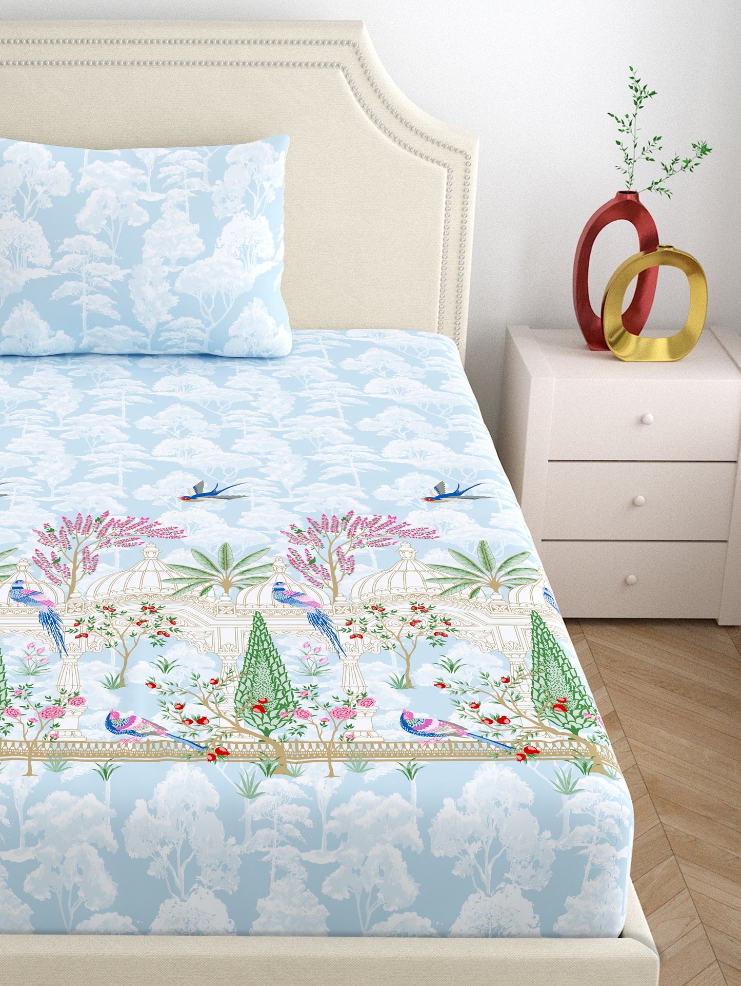 Home Ecstasy 100% Cotton 140 TC Ethnic Bedsheet Set - Colour: Light Blue