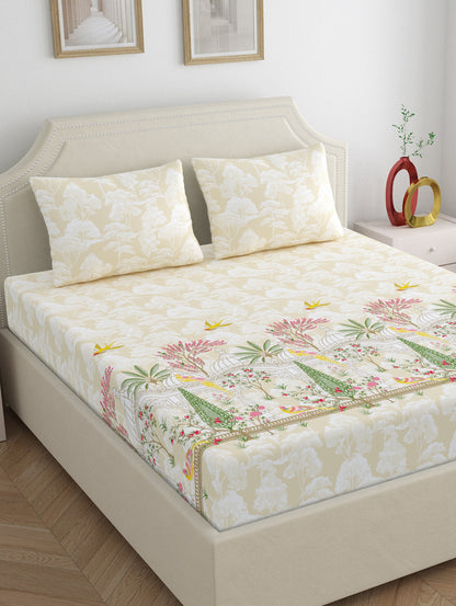 Home Ecstasy 100% Cotton 140 TC Ethnic Bedsheet Set - Colour: Beige