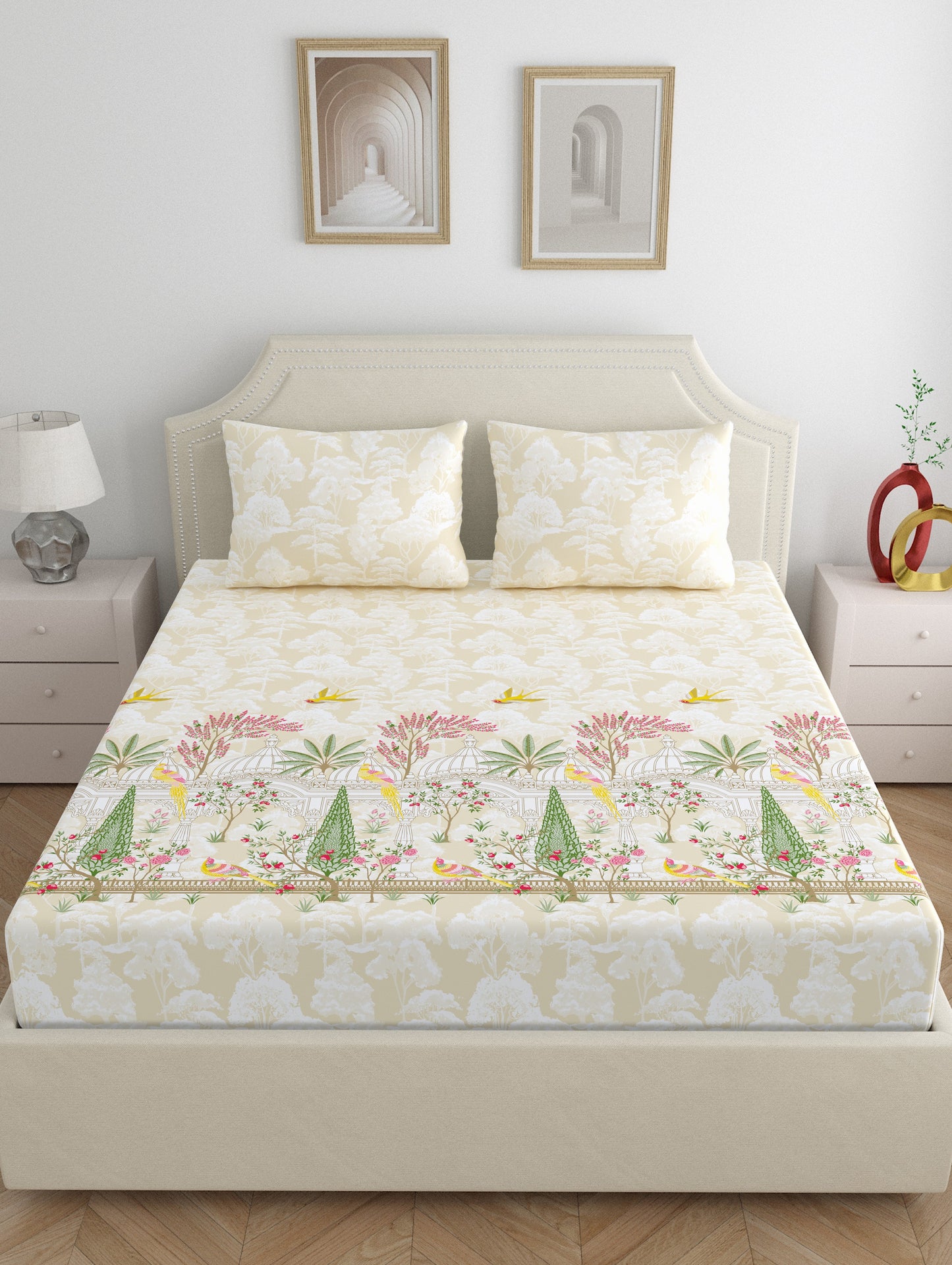 Home Ecstasy 100% Cotton 140 TC Ethnic Bedsheet Set - Colour: Beige