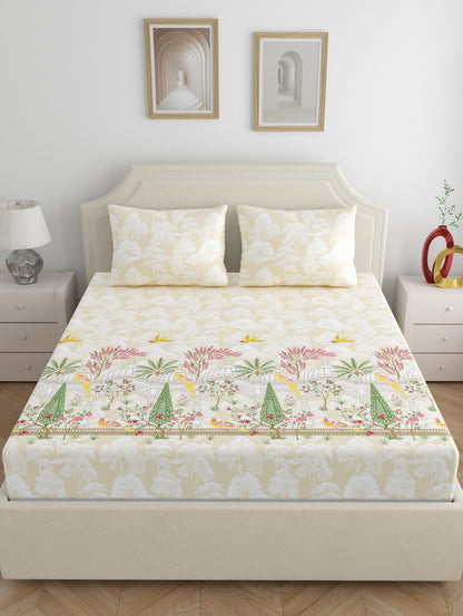 Home Ecstasy 100% Cotton 140 TC Ethnic Bedsheet Set - Colour: Beige