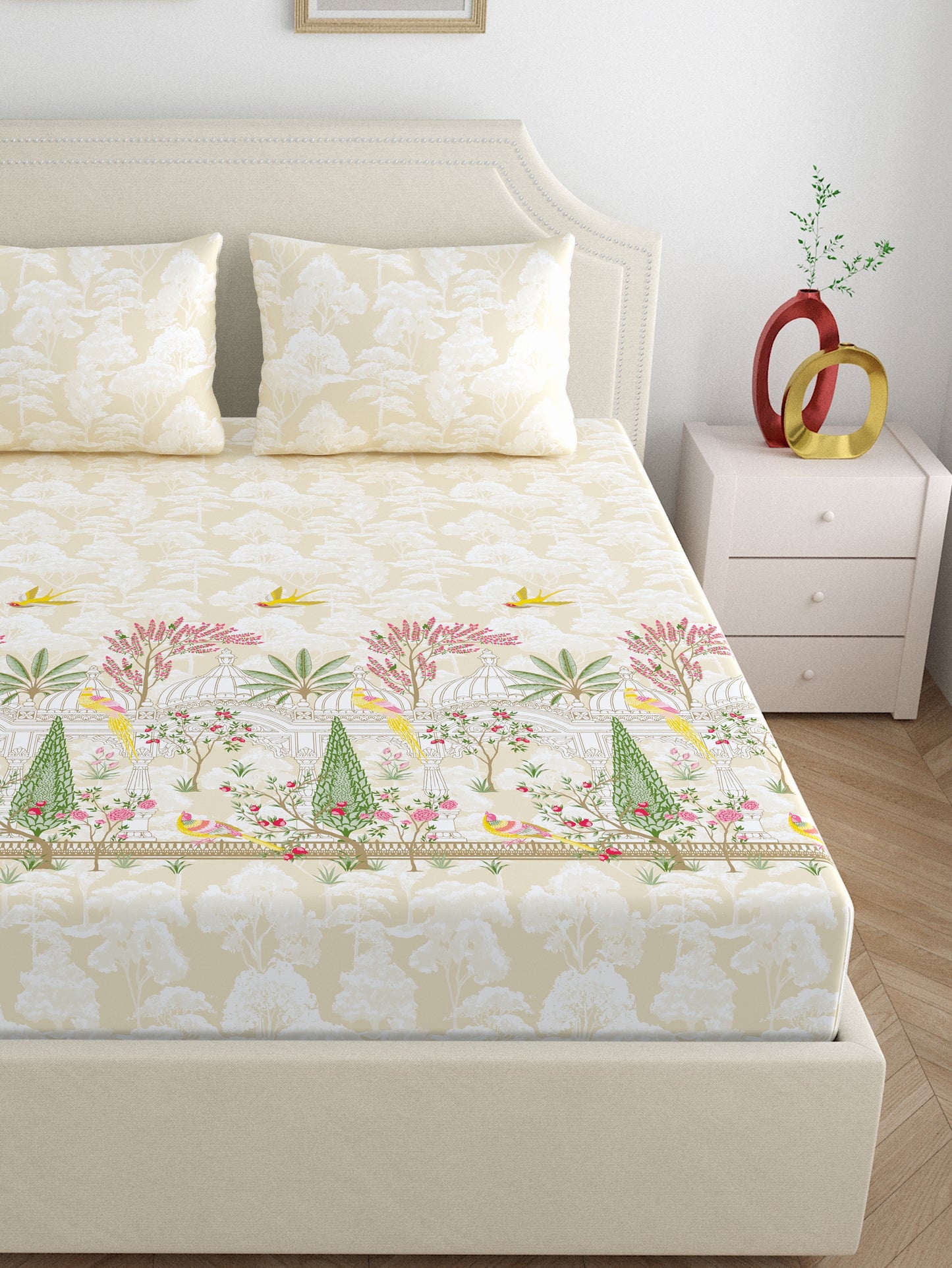 Home Ecstasy 100% Cotton 140 TC Ethnic Bedsheet Set - Colour: Beige