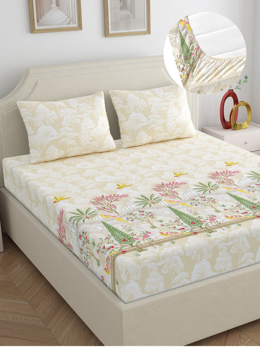 Home Ecstasy 100% Cotton 140 TC Ethnic Bedsheet Set - Colour: Beige
