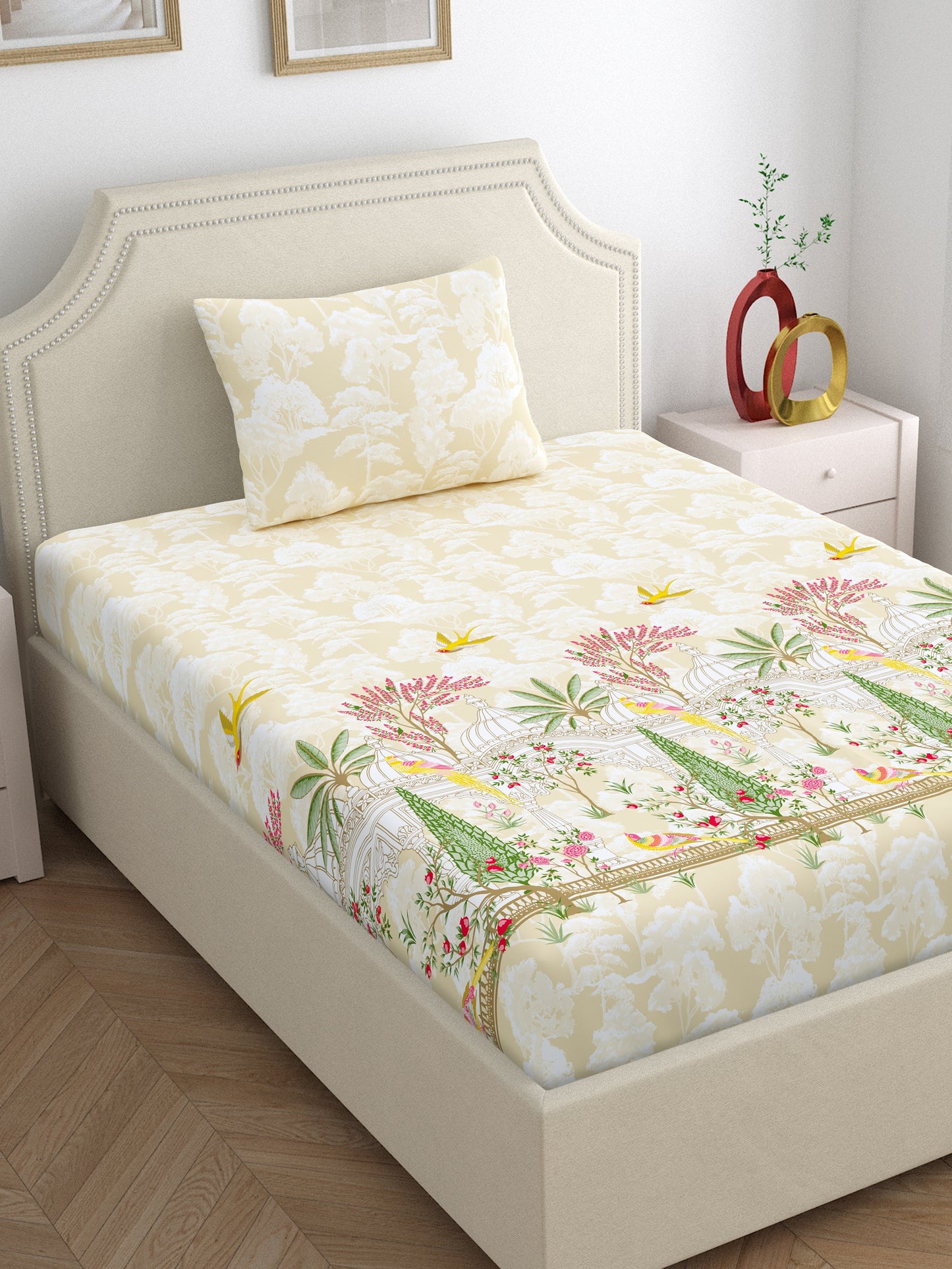 Home Ecstasy 100% Cotton 140 TC Ethnic Bedsheet Set - Colour: Beige