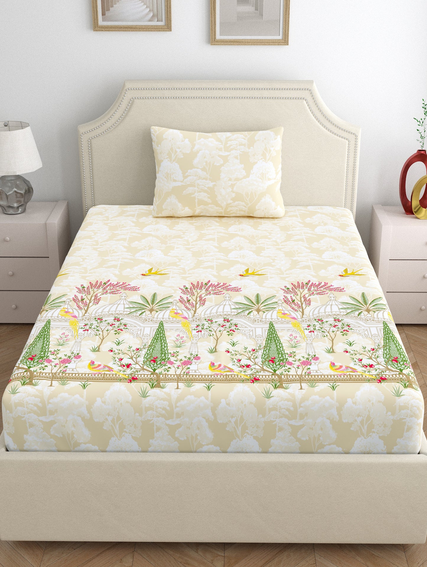 Home Ecstasy 100% Cotton 140 TC Ethnic Bedsheet Set - Colour: Beige