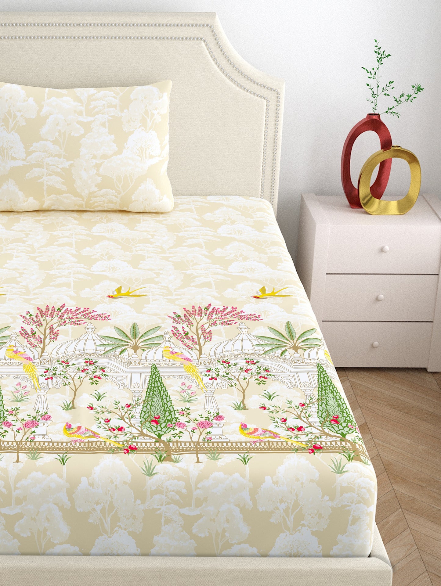 Home Ecstasy 100% Cotton 140 TC Ethnic Bedsheet Set - Colour: Beige