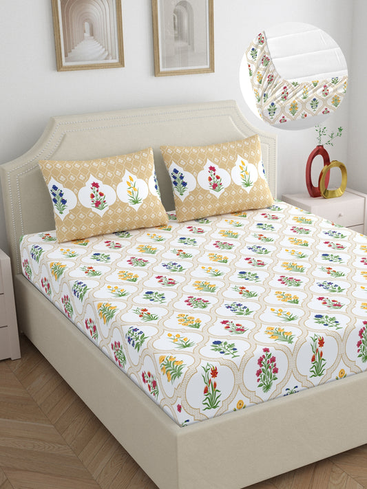Home Ecstasy 100% Cotton 140 TC Floral Bedsheet Set - Colour: Beige