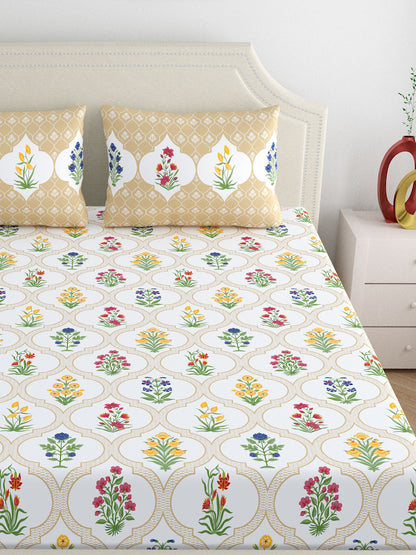 Home Ecstasy 100% Cotton Floral Bedsheet Set | 140 TC | Beige
