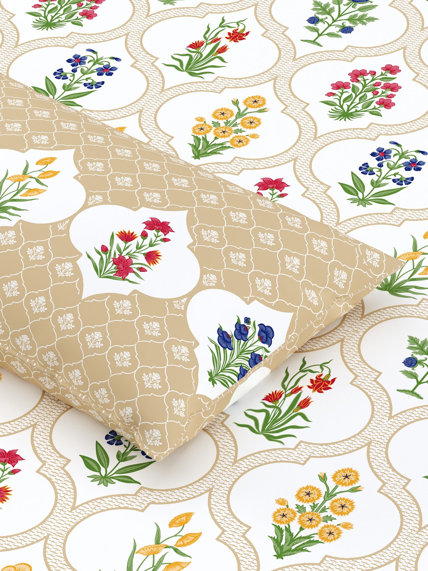 Home Ecstasy 100% Cotton Floral Bedsheet Set | 140 TC | Beige