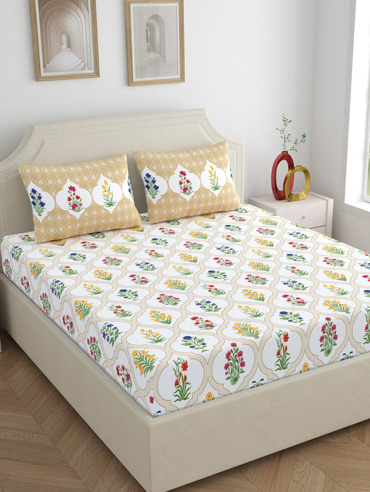 Home Ecstasy 100% Cotton 140 TC Floral Bedsheet Set - Colour: Beige