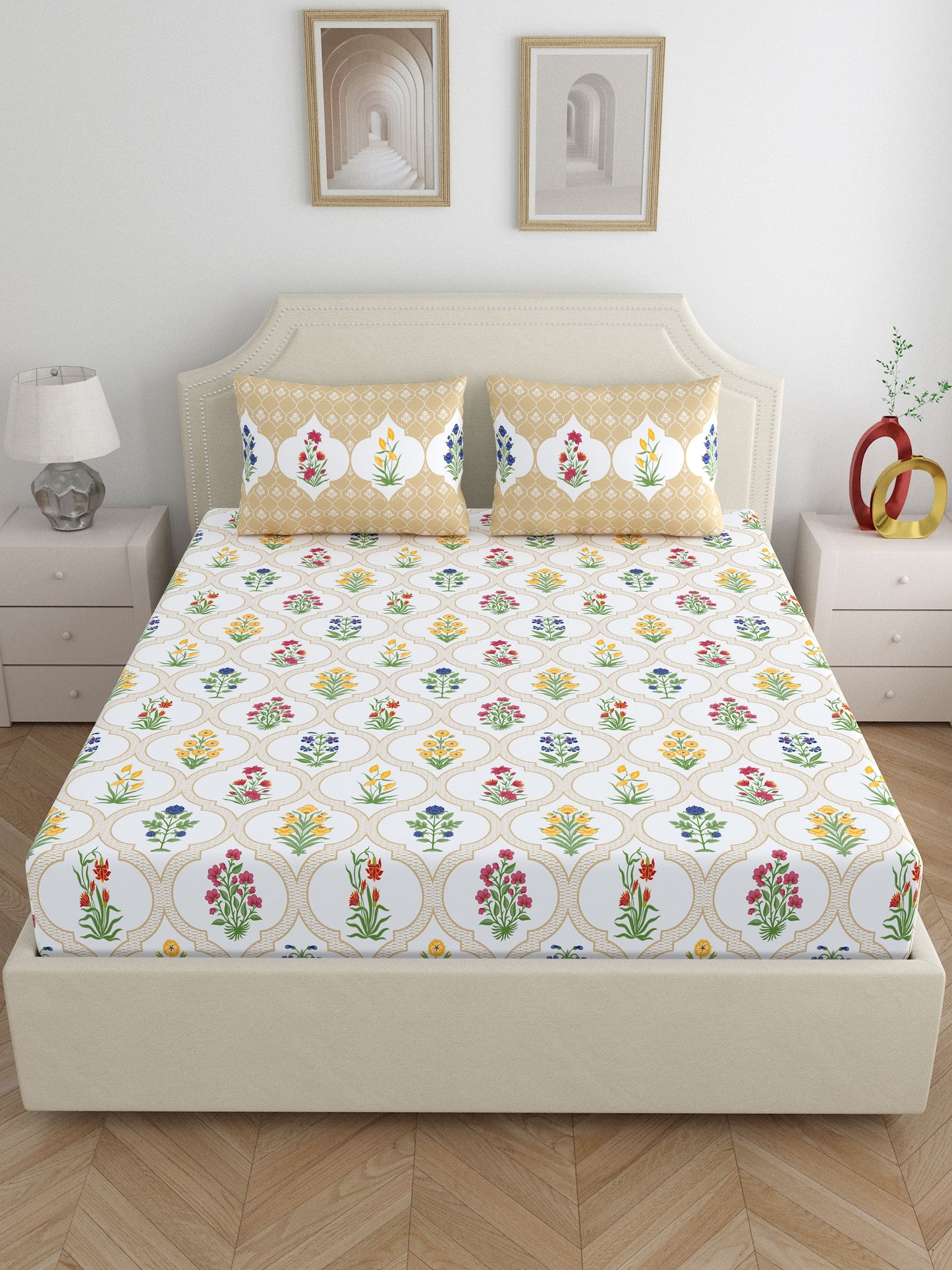 Home Ecstasy 100% Cotton Floral Bedsheet Set | 140 TC | Beige